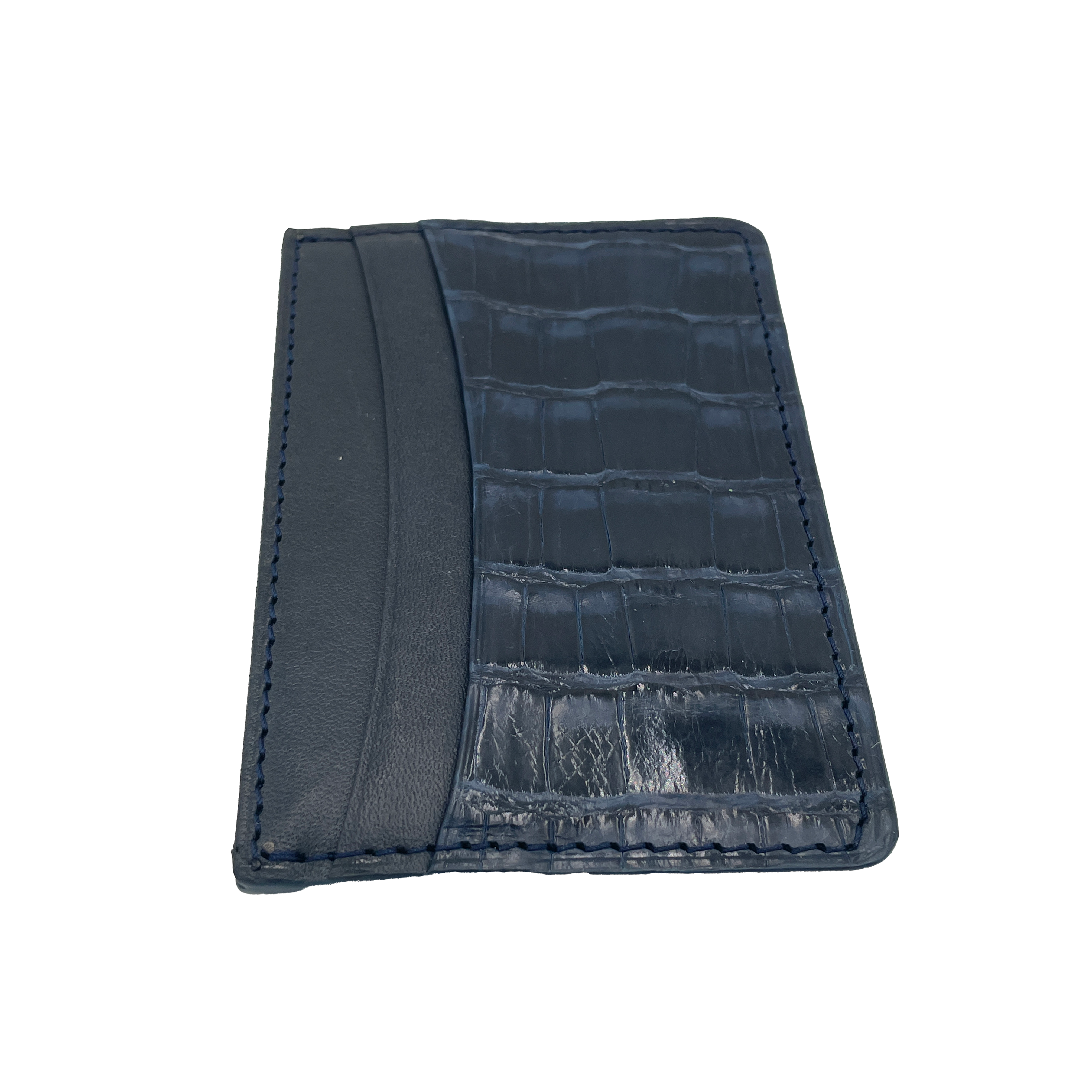 Men's Genuine Glazed Crocodile Card Wallet - Navy